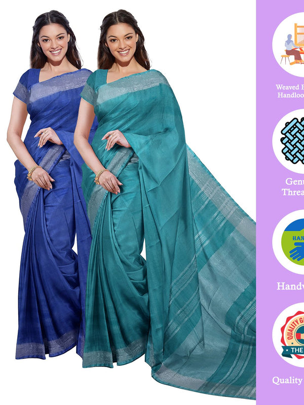 Cobalt Blue & Cyan women's Bhagalpuri Handloom Cotton-Linen Blend Saree Combo (Pack Of 2) With Running Unstiched Blouse Piece - View 2