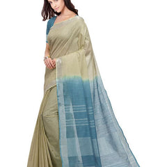 Yuma Tan & Cerulean Blue women's Handloom Bhagalpuri Linen Cotton Slub Blend Two Dye Saree With Running Unstitched Blouse Piece - View 4