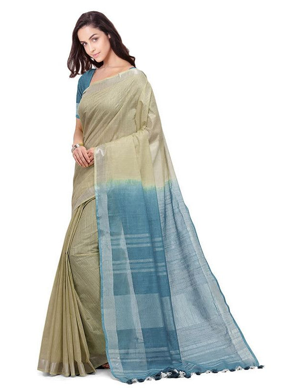 Yuma Tan & Cerulean Blue women's Handloom Bhagalpuri Linen Cotton Slub Blend Two Dye Saree With Running Unstitched Blouse Piece - View 4