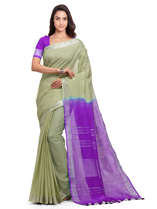Saplin Tan & French Violet women's Bhagalpuri Handloom Pure Cotton Two Dye Saree With Running Unstitched Blouse Piece