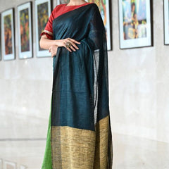 Handloom Bhagalpuri Linen Two Dye Saree with Ghicha Pallu for women's (Midnight_Blue & Green) - View 3