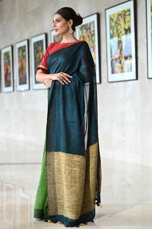Handloom Bhagalpuri Linen Two Dye Saree with Ghicha Pallu for women's (Midnight_Blue & Green) - View 3
