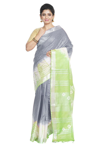 Grey & Light Green women's Bhagalpuri Handloom Cotton Linen Slub Blend Tie Two Dye (Sibory Two Dye) Saree With Running Unstitched Blouse Piece