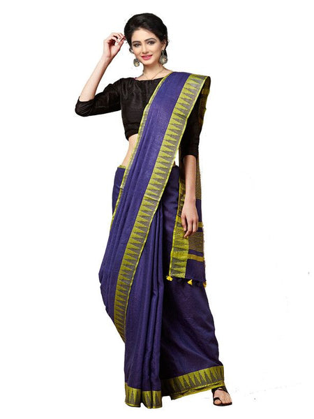 Navy Blue women's Bhagalpuri Handloom Kota Silk Temple Border Saree And Variation Of Colors With Striped Blouse Piece - View 2