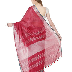 Cardinal Red women's Bhagalpuri Handloom Cotton Linen Blend Saree With Contrast Unstiched Blouse Piece - View 3