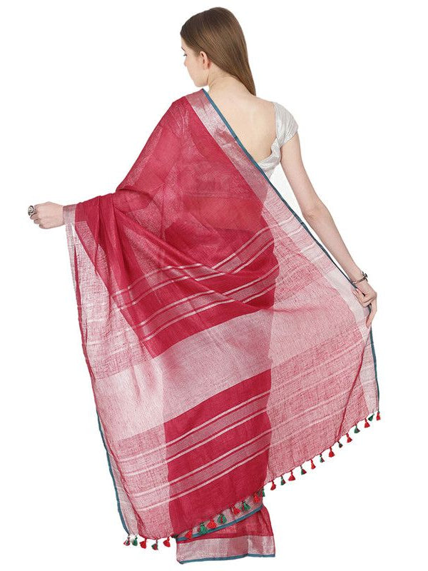 Cardinal Red women's Bhagalpuri Handloom Cotton Linen Blend Saree With Contrast Unstiched Blouse Piece - View 3
