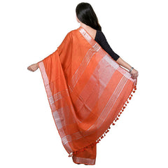 Orange Bhagalpuri women's Handloom Linen Cotton Ethnic Wear Saree With Running Unstitched Blouse Piece - View 3