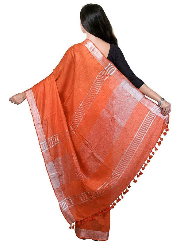 Orange Bhagalpuri women's Handloom Linen Cotton Ethnic Wear Saree With Running Unstitched Blouse Piece - View 3