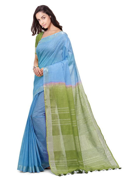 Picton Cyan & Moss Green women's Handloom Bhagalpuri Cotton Linen Blend Two Dye Saree With Running Unstitched Blouse Piece