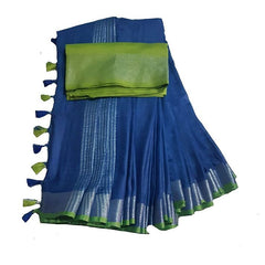 Blue-Parrot Green women's Handloom Bhagalpuri Cotton Linen Blend Saree Ethnic Wear With Contrast Unstitched Blouse Piece - View 3