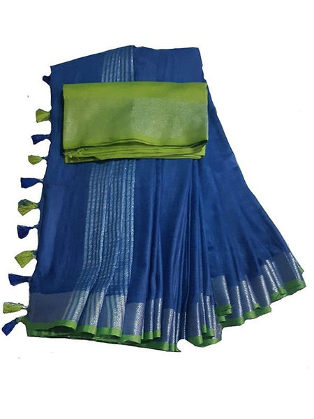 Blue-Parrot Green women's Handloom Bhagalpuri Cotton Linen Blend Saree Ethnic Wear With Contrast Unstitched Blouse Piece - View 3