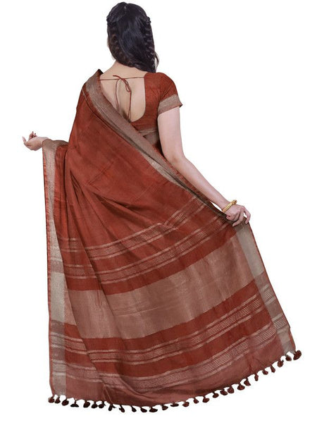 Sienna Orange women's Bhagalpuri Handloom Linen Blend Saree And Variation Of Colors With Running Unstiched Blouse Piece - View 2