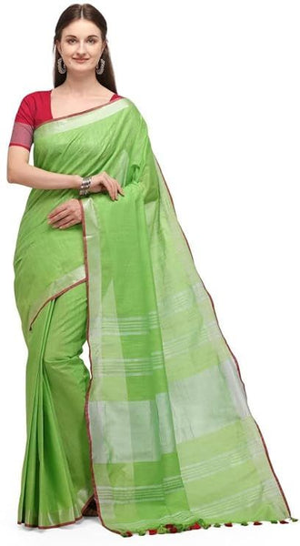 Linen Cotton Blend Contrast Handloom Bhagalpuri Saree (Parrot_Green-Pink)