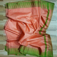 Semi Tussar Silk Handloom Temple Border Bhagalpuri Saree (100191 Peach_Orange-Mehndi_Green)