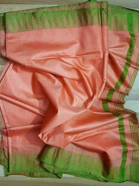 Semi Tussar Silk Handloom Temple Border Bhagalpuri Saree (100191 Peach_Orange-Mehndi_Green)