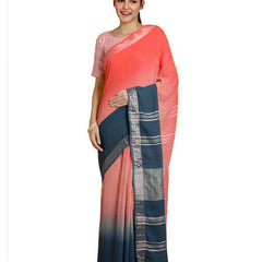 Flame Orange & Cerulean Blue women's Bhagalpuri Handloom Linen Slub Blend Two Dye Saree With Running Unstitched Blouse Piece