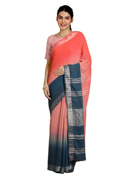 Flame Orange & Cerulean Blue women's Bhagalpuri Handloom Linen Slub Blend Two Dye Saree With Running Unstitched Blouse Piece