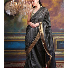 Handloom Cotton Silk Striped Sequin Pallu Bhagalpuri Saree (Black)