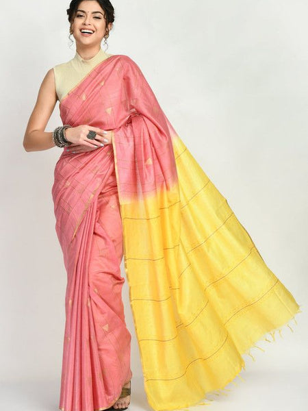 Handloom Semi Tussar Silk Bhagalpuri Two Dye Striped Temple Motif Saree (Blush_Pink & Canary_Yellow) - View 4