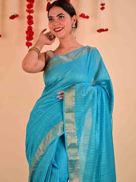 Handloom Bhagalpuri Silk Striped Sequins Saree with Blouse Piece (Cyan)