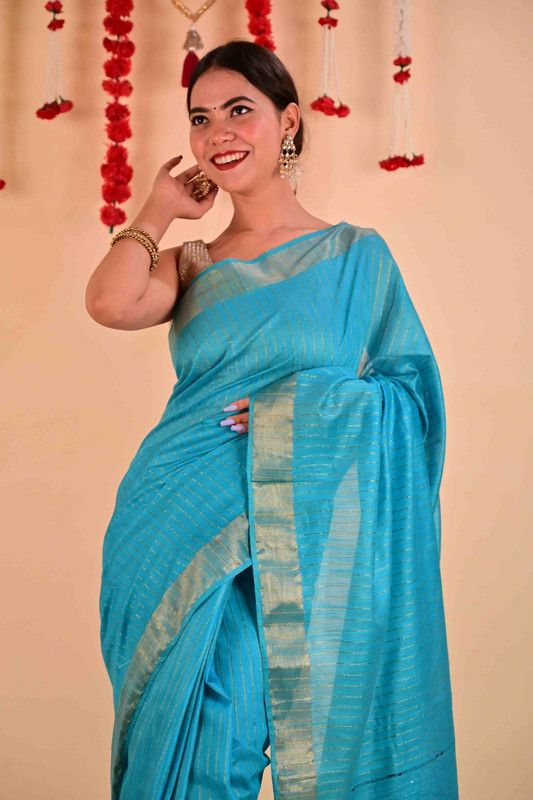 Handloom Bhagalpuri Silk Striped Sequins Saree with Blouse Piece (Cyan)