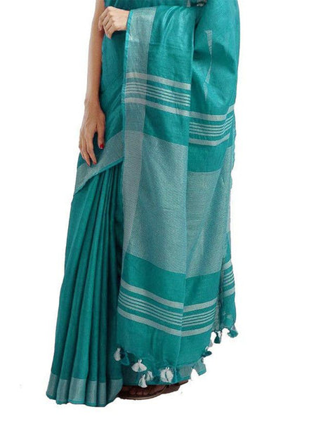 Persian Cyan women's Bhagalpuri Handloom Blend Linen-Cotton Saree With Running Unstiched Blouse Piece_Free Size_Variation Of Colors - View 2
