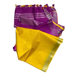 Mardi Purple & Yellow Bhagalpuri women's Ethnic Wear Handloom Linen Cotton Blend Zari Border Two Dye Saree With Running Unstitched Blouse Piece