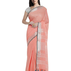 Coral Pink women's Bhagalpuri Handloom Cotton Linen Blend Saree With Contrast Unstiched Blouse Piece