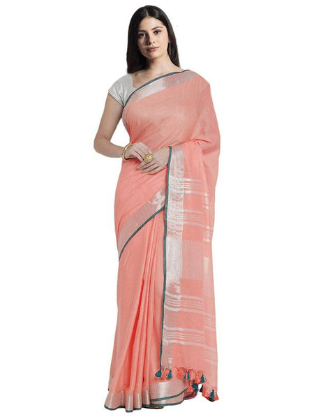 Coral Pink women's Bhagalpuri Handloom Cotton Linen Blend Saree With Contrast Unstiched Blouse Piece
