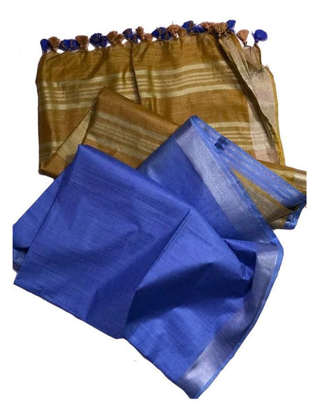 Golden Brown & Web Blue women's Ethnic Wear Bhagalpuri Handloom Linen Blend Two Dye Saree With Running Unstitched Blouse Piece - View 3