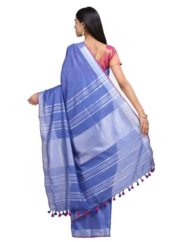 Handloom Linen Cotton Blend Contrast Bhagalpuri Saree for Women (Dodger_Blue-Pink) - View 4