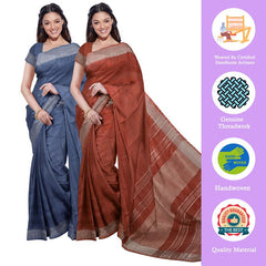 Lake Blue & Sienna Orange women's  Bhagalpuri Handloom Cotton-Linen Blend Saree Combo (Pack Of 2) With Running Unstiched Blouse Piece - View 2