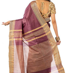 Burgundy women's Bhagalpuri Handloom Kota Silk Temple Border Saree And Variation Of Colors With Striped Blouse Piece - View 2