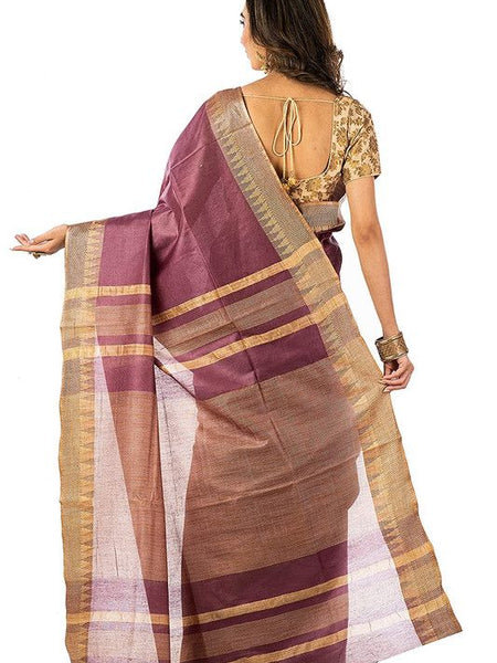 Burgundy women's Bhagalpuri Handloom Kota Silk Temple Border Saree And Variation Of Colors With Striped Blouse Piece - View 2