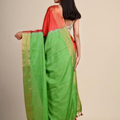 Munga Tussar Silk Blend Handloom Two Dye Saree with Blouse Piece(Red & Kelly_Green) - View 3