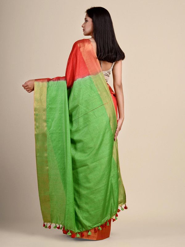 Munga Tussar Silk Blend Handloom Two Dye Saree with Blouse Piece(Red & Kelly_Green) - View 3