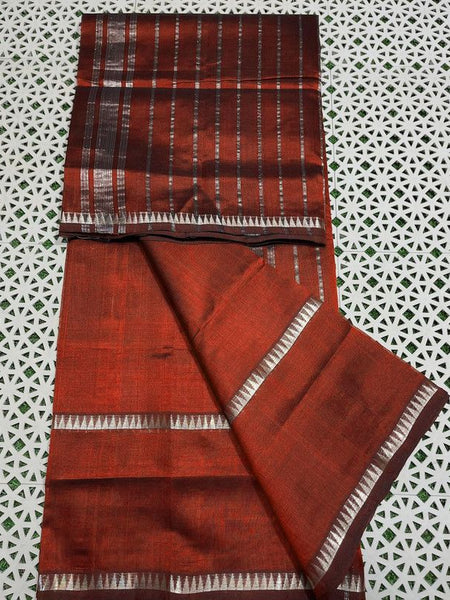 Cotton Handloom Mangalagiri Silk Saree with Temple Border (100219 Mahogani_Orange)