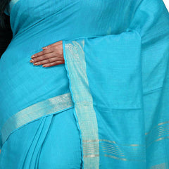 Cyan Bhagalpuri women's Handloom Linen Cotton Ethnic Wear Saree With Running Unstitched Blouse Piece - View 3