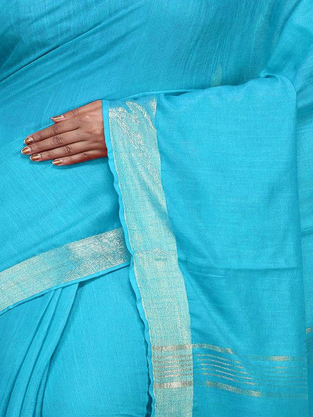 Cyan Bhagalpuri women's Handloom Linen Cotton Ethnic Wear Saree With Running Unstitched Blouse Piece - View 3
