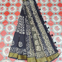 Bhagalpuri Linen Cotton Blend Handloom Batik Print Saree (GLBR_Gold-Black) - View 6