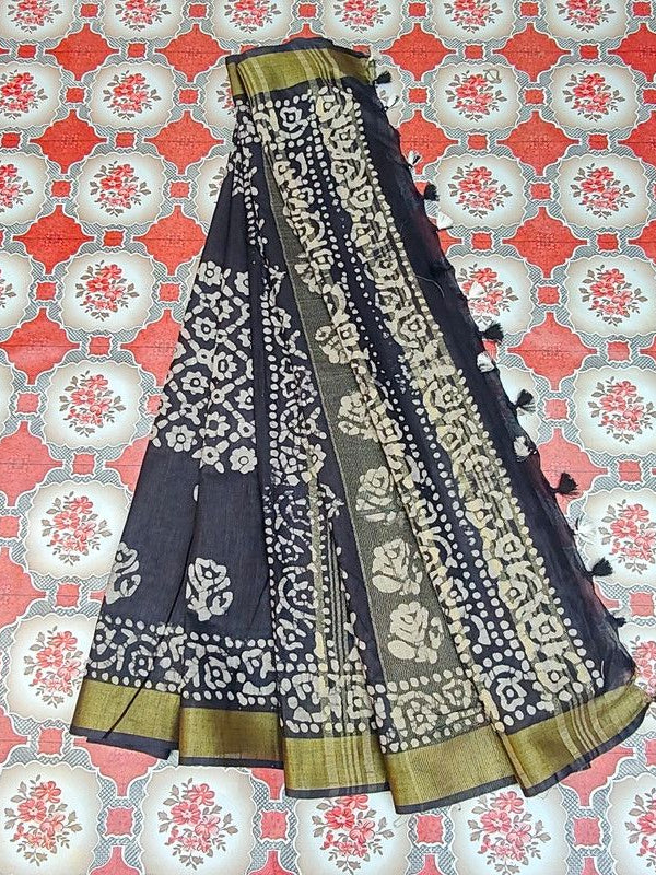 Bhagalpuri Linen Cotton Blend Handloom Batik Print Saree (GLBR_Gold-Black) - View 6