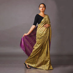Semi Tussaqr Silk Handloom Bhagalpuri Striped Two Dye Saree (Tussock_Brown & Electric_Purple) - View 3