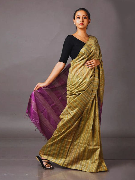 Semi Tussaqr Silk Handloom Bhagalpuri Striped Two Dye Saree (Tussock_Brown & Electric_Purple) - View 3