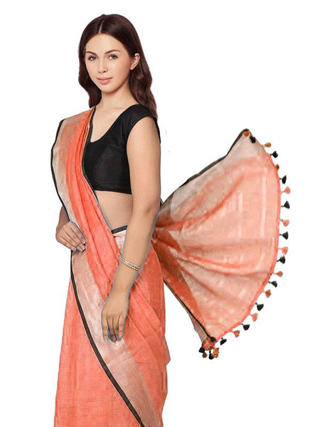 Carol Orange women's Bhagalpuri Blend Linen Saree With Black Pipine Contrast Blouse Piece - View 3
