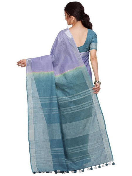 Pale Purple & Cerulean Blue women's Bhagalpuri Handloom Linen Cotton Blend Two Dye Saree With Running Unstitched Blouse Piece - View 5