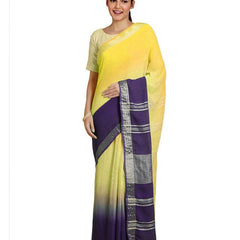 Lemon Yellow & Dark Purple women's Bhagalpuri Handloom Linen Cotton Blend Two Dye Saree With Running Unstitched Blouse Piece