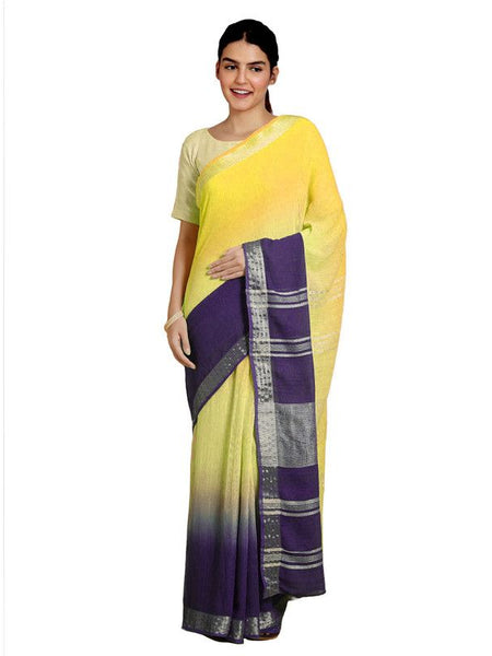 Lemon Yellow & Dark Purple women's Bhagalpuri Handloom Linen Cotton Blend Two Dye Saree With Running Unstitched Blouse Piece