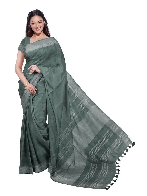 Hooker's Green women's Bhagalpuri Handloom Linen Blend Saree And Variation Of Colors With Running Unstiched Blouse Piece