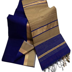 Tussar Cotton Silk Bhagalpuri Saree with Designed Border for women's (Dark Blue)