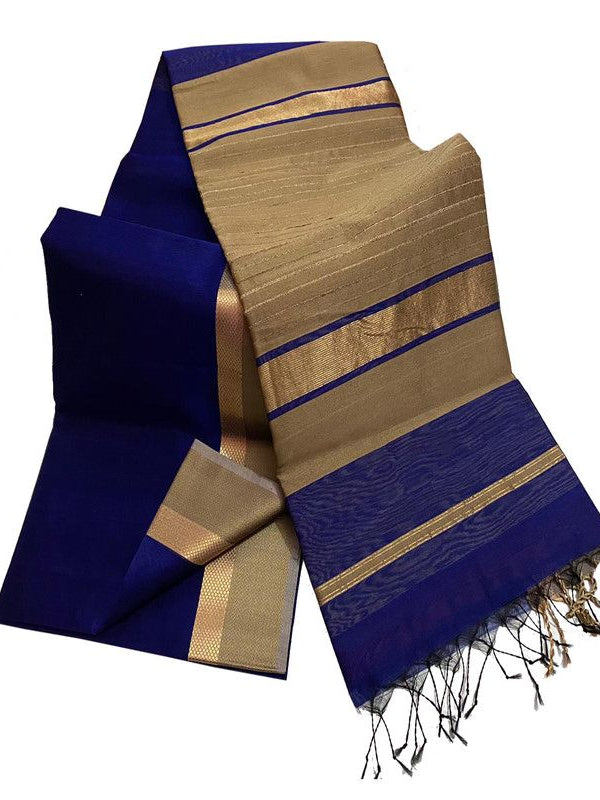 Tussar Cotton Silk Bhagalpuri Saree with Designed Border for women's (Dark Blue)